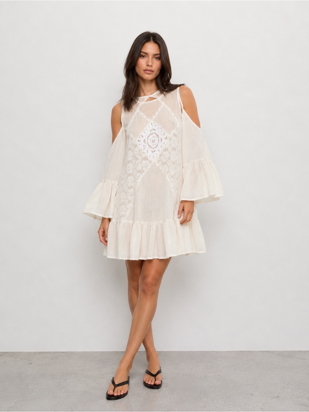 Umgee Boho Lace Cold Shoulder Ruffle Mini Dress Cream M